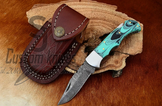 Handcrafted Damascus folding pocket knife- turquoise resin