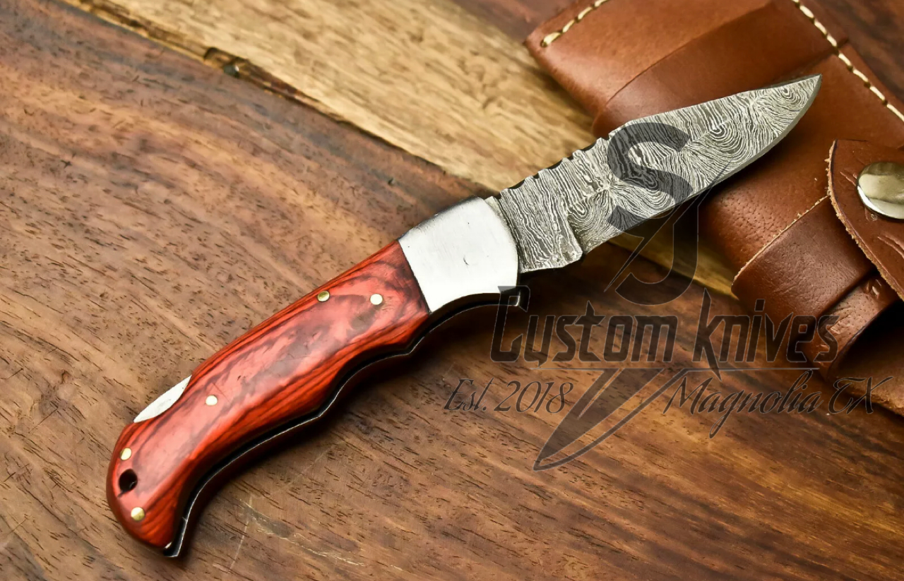 Damascus steel folding pocket knife – Orange Hardwood