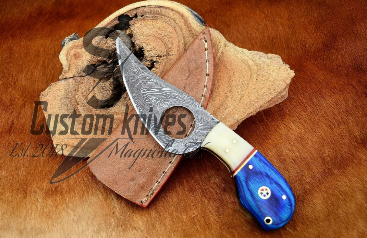 Damascus skinning knife Blue W/ Bone inlay