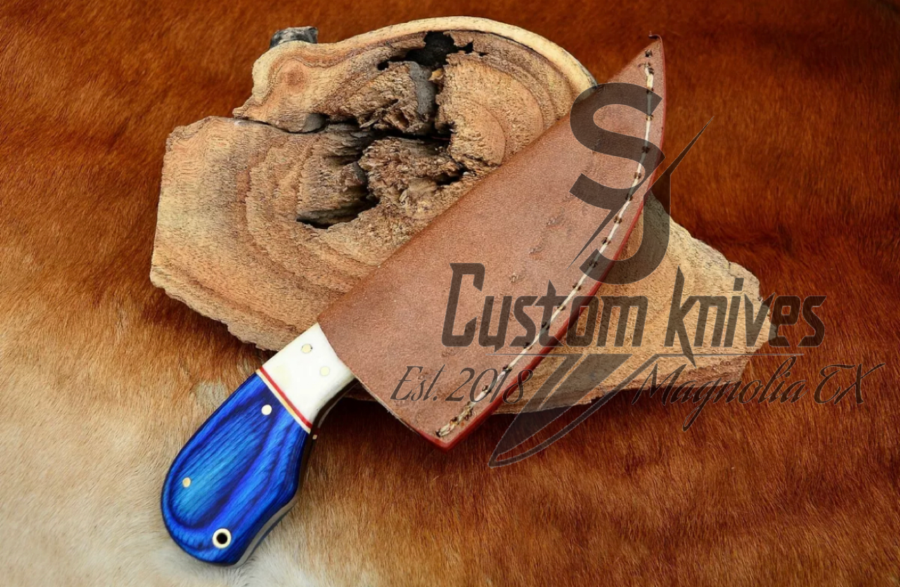 Damascus skinning knife Blue W/ Bone inlay