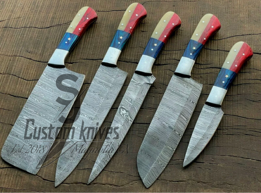 Five piece Texas Damascus steel kitchen set- Birch/bone