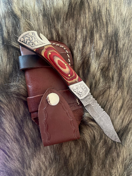 Folding Damascus Pocket knife/ Red swirl Pakka