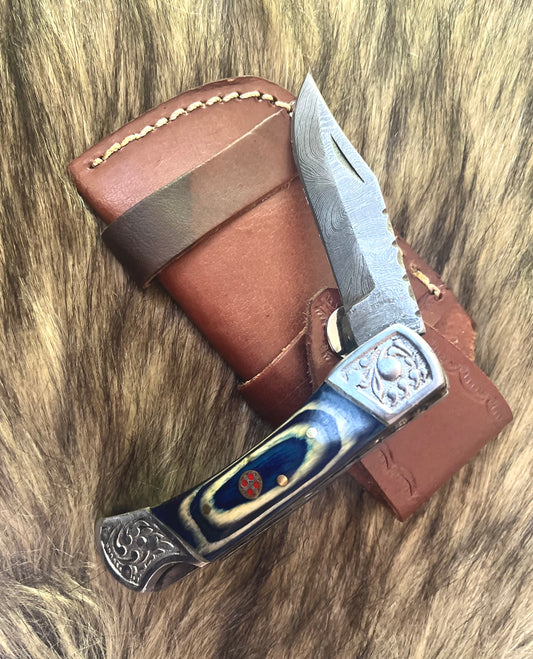 Folding Damascus pocket knife/ Blue swirl Birch