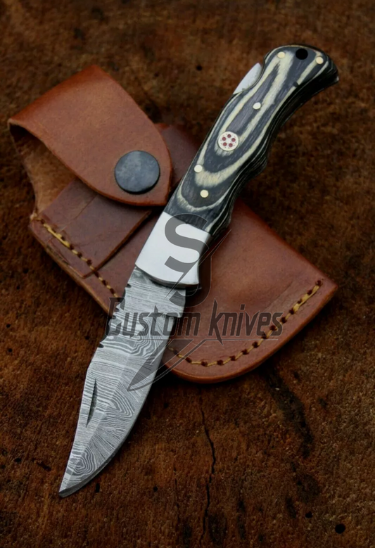 Folding Damascus pocket knife/Pakka Black