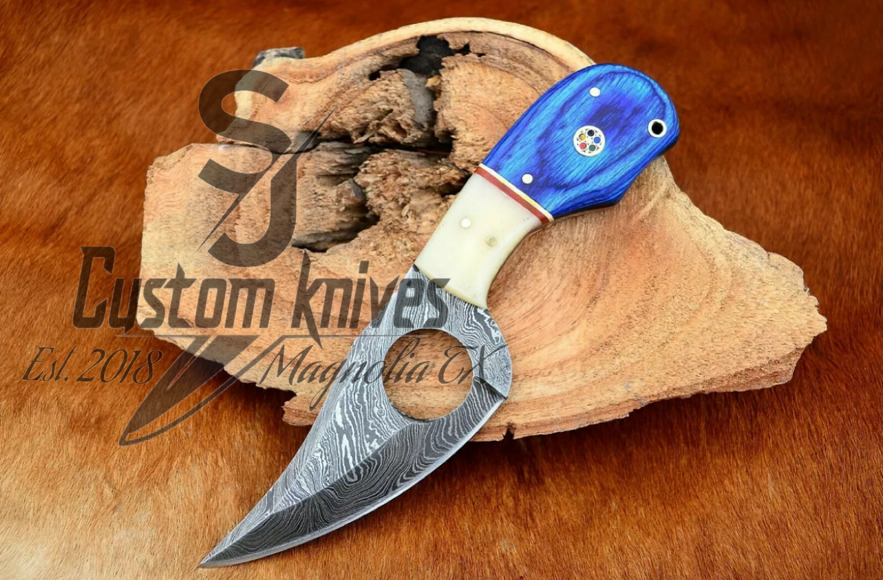 Damascus skinning knife Blue W/ Bone inlay