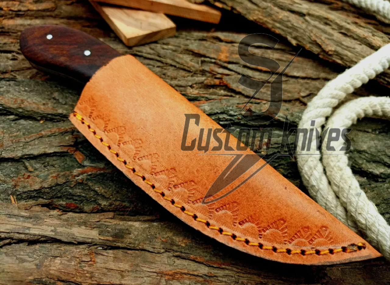 Mahogany Damascus skinning knife w/ index finger hole