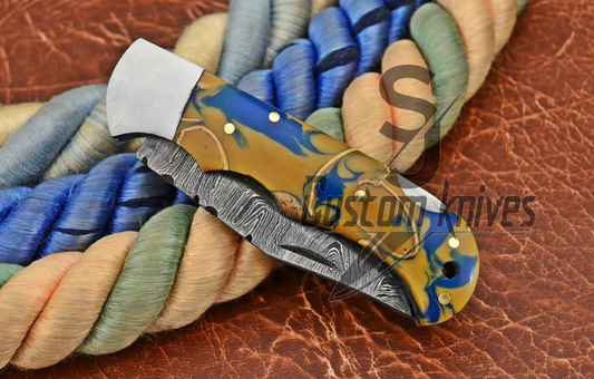 Unique Damascus Epoxy/resin swirl folding pocket knife