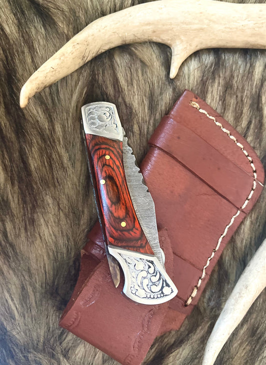 Folding Damascus pocket knife/ Mahogany