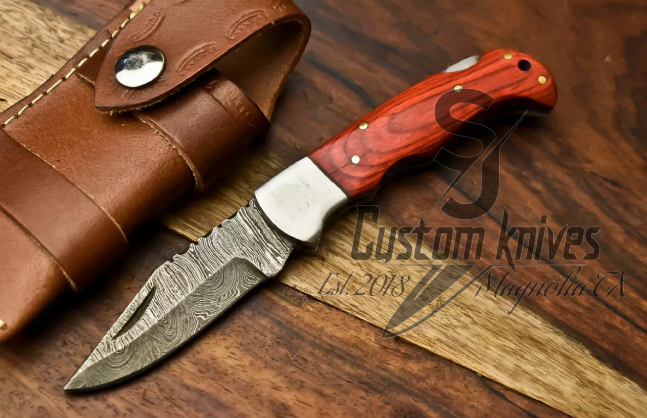 Damascus steel folding pocket knife – Orange Hardwood