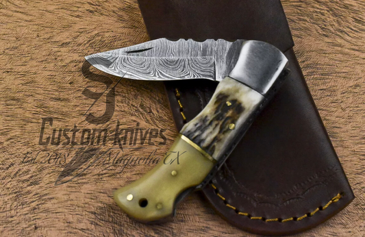 Unique Damascus folding pocket knife stag/bone